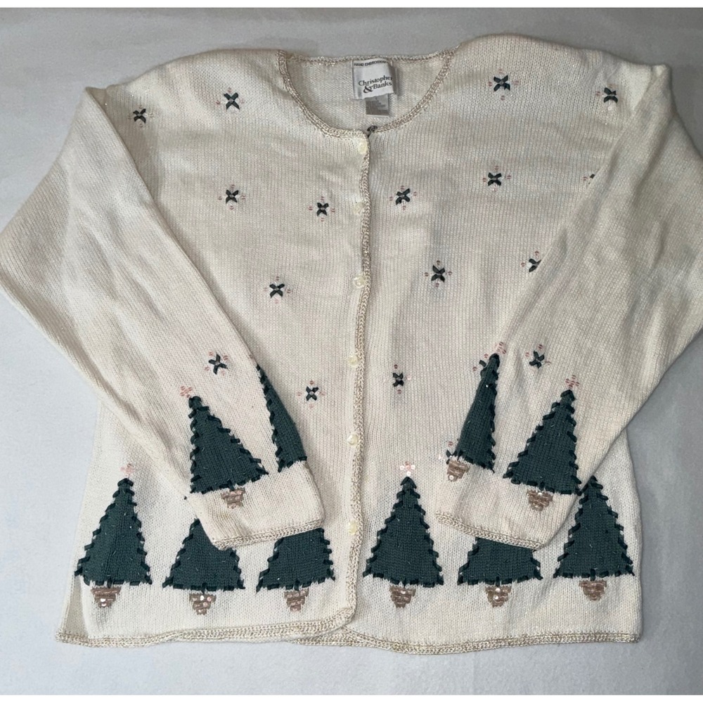 Christopher & Banks Cardigan Womens L Ivory Excellent Christmas Tree Embroidered